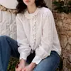 Roupas Femininas Nanyou: Camisa branca bordada de manga comprida estilo sul da França para mulheres, feita de algodão, solta e versátil, adequada para o outono