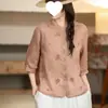 Camisa bordada retrô de estilo coreano com gola alta para mulheres 2025 verão nova estilo estrangeiro redutora de idade solta moda camisa de manga cinco quartos