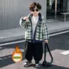 Roupas de Outono e Inverno para Meninos Suéter Casaco Xadrez Peludo com Capuz Engrossado Plus Velvet Roupas de Inverno para Crianças Meninos 2026 Novo