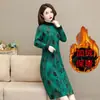 Vestido de Meia-Idade para Primavera e Outono com Bolsos, Gola Redonda, Padrão Jacquard, Forro de Lã, Modelo Evasê que Cobre a Barriga, Comprimento Médio, Transfronteiriço