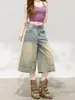 Calça jeans feminina cropped estilo retrô americano, nova tendência verão 2026, versátil, plus size, solta, cintura alta, perna larga, comprimento médio