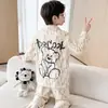 Pijama de Algodão Puro com Manga Longa para Jovens de Outono Meninos Gola Lapela Desenho Animado Bonito Crianças Médias e Grandes Outono Fino Roupas de Casa
