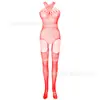 Lencería Sexy con Cuello Halter, Diseño Hueco, Entrepierna Abierta, Body de Malla Transparente de una Pieza, Body de Malla con Agujeros, Medias de Red W436
