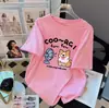 Camiseta de Algodão Puro de Manga Curta para Mulheres com Estampa de Desenho Animado, Caimento Solto, Estilo Fofo 2025, Nova Marca Tendência de Verão, Gola Redonda, Estilo Casal