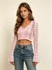 Cárdigan de punto hueco para mujer, de manga corta y cintura expuesta, para primavera y otoño, nuevo suéter fino de punto con cuello en V y manga acampanada, de un solo botón