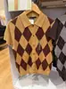 Cardigan casual de moda para mujer estilo japonés de punto fino con cuello polo, estampado de rombos, manga corta, 26 otoño-invierno, suéter tipo camiseta 488333