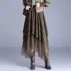Saia midi vintage em camurça com retalhos vazados para mulheres, outono e inverno, saia irregular de cintura alta afunilada em A