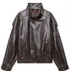Moda europea y americana transfronteriza AliExpress superventas elegante chaqueta de cuero PU tipo piel de lichi con cuello alto