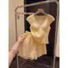 Pijama corto amarillo de encaje para mujer, estilo dulce y femenino, conjunto de shorts para casa, nuevo de verano 2026, tallas grandes