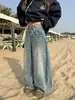 Jeans Retro Americanos Lavados Desgastados con Diseño de Cimitara para Mujer, Pantalones Anchos Sueltos de Cintura Alta tipo Hoz de Otoño e Invierno Tendencia