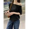 Algodón Puro Hombro Descubierto Combinable Manga Corta Primavera y Verano Nuevo Estilo Coreano Holgado Adelgazante Elegante Camiseta Top de Media Manga para Mujer