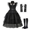 Fantasia Cosplay de Wandinha Addams Conjunto de Coroa e Colar Infantil Vestido Preto de Família Peça Única Estilo Escuro