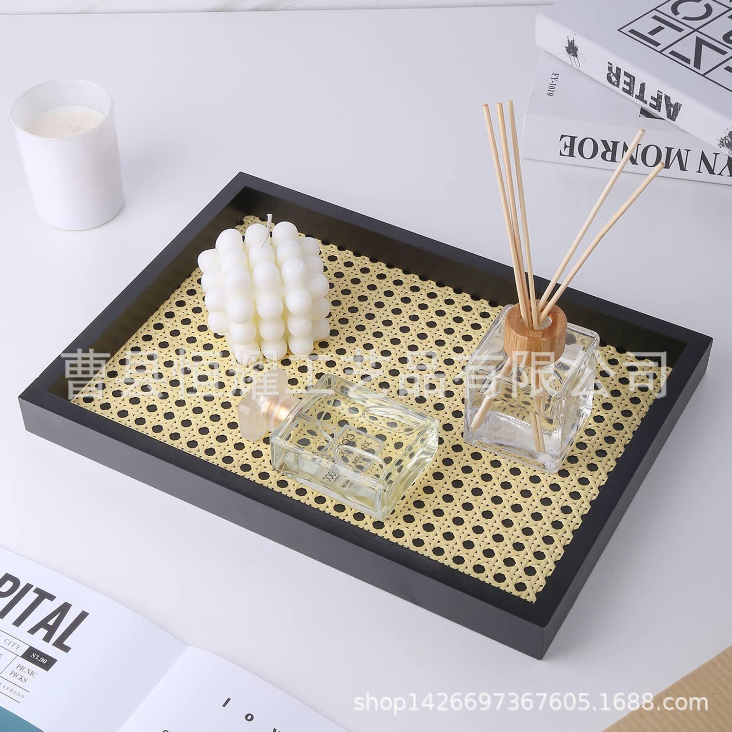 木质香薰托盘 藤编收纳盘桌面饰品盘 北欧风家用茶盘复古BSC
