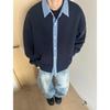 Camisa de punto de dos piezas falsas a cuadros para pareja, cuello de camisa, suéter empalmado, chaqueta casual versátil, nueva de primavera 2025