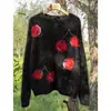 Serie Cepillada~Cereza Bordada a Mano 100% Cachemir Puro Cuello Redondo Suéter Cepillado Estilo Perezoso Grueso para Mujer
