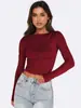 Amazon Top Corto de Punto Acanalado de Manga Larga Estilo Chica Picante Ajustado Camisa Base Y2K Versátil para el Trabajo