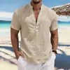 Camisa de verano para hombre europea y americana de color liso transpirable con cuello mao y manga corta, camisa de color liso simple y moderna para hombre
