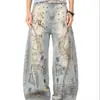 Calça Jeans Longa Suja Estilo Wasteland Masculina Tendência Anel de Metal Design Vazado Bordado Aleatório com Pontos Manchas Calça de Perna Larga Sabre
