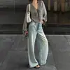 Calça Jeans Larga Color Block Retro Americana Estilo de Rua Dongdaemun Coreano Lavada Desgastada Solta Calça Longa para Mulheres