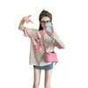 Camiseta Rosa de Dibujos Animados de Manga Corta para Mujer 2025 Nuevo Verano Color de Contraste Casual Versátil Top de Manga Media de Gama Alta