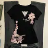 Camiseta Retro Americana 2026 Estampado Floral Azul para Mujer Encaje Patchwork Cuello en V Ajustada Manga Corta Top vintage