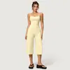 Conjunto Fitness Yoga com Alça e Bojo Integrado para Mulheres, Calça de Cintura Alta Três Quartos Wide Leg, Conjunto de Duas Peças Amigo da Pele e Respirável