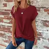 Camiseta de Manga Corta de Color Sólido con Cuello en U y Nudo Waffle Primavera Verano Holgada Casual Poliéster Algodón Transfronterizo Ropa de Mujer al por Mayor