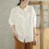 Camisa de Manga Larga Bordada con Cuello de Muñeca Doble Capa Vintage para Mujer, Corte Holgado, 100% Algodón, Estilo Hong Kong, Edición Primavera