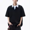 Camisa Polo de Manga Corta con Diseño Patchwork, Corte Holgado, Cuello de Camisa Falso de Dos Piezas, Camiseta Moderna para Hombre para Primavera y Verano, Top Resistente Estilo Americano