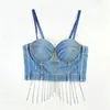 Bustier jeans europeu e americano de estilo de rua transfronteiriço com strass de miçangas, franjas, bojos moldados embutidos, estilo espartilho e comprimento cropped