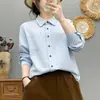 Camisa feminina de algodão puro, manga longa, corte solto, com colarinho dobrável, versátil e emagrecedora, camisa retrô artística