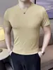 Camiseta Listrada de Verão Estilo Coreano Jovem Slim Gola Redonda Masculina Tendência Seda de Gelo Apertada Elástica Fina Manga Curta
