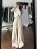 Calça jeans de trabalho estilo americano bege para mulheres, novidade outono 2025, cintura alta, modelagem solta, perna reta larga, calça casual
