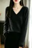 Suéter tejido de punto para mujer, 100% lana, con textura acanalada, cuello en V, corte ajustado, adelgazante, elástico, texturizado, jersey para capa interior de otoño e invierno
