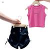 Traje de chaleco y shorts estilo coreano para niñas, moda para niños medianos y grandes, pantalones cortos de tiro alto a la moda, diseño con cordón, nuevo estilo de verano 2025