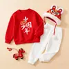 Conjunto de Uniforme Escolar Infantil Duas Peças Moletom Calça Esportiva Vermelho Evento de Ano Novo Roupa de Performance 1-12 Anos Roupa Casual