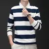 Camiseta Polo de Hombre de Manga Larga Primavera y Otoño Nueva Rayada Solapa Bordada Top Camisa Base Casual Holgada a la Moda