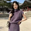 Outono e inverno estilo simples forrado com fleece tricô de lã gola alta manga curta feminino solto para sobreposição colete sem mangas colete de tricô