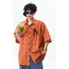 Camisa Retrô Americana Xadrez Laranja de Manga Curta para Homens e Mulheres, Nova de Verão Solta Casual Estilo Cityboy Japonês