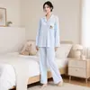 Comercio Exterior Transfronterizo Venta al por Mayor Suministro DirectoNube Algodón Cuadros Azules Perro Bordado Ropa para el Hogar Mujer Solapa Manga Larga Primavera Otoño Pijama