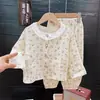 Pijama de Gasa de Algodón Fina Doble Capa para Niños, Verano, Niña, Clase A, Ribete de Encaje, Ropa de Casa para Aire Acondicionado
