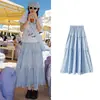 Falda midi de cuadros azul y blanco para mujer, primavera y verano, INS, japonesa y coreana, fresca, dulce, encaje, de cintura alta, línea A, falda de volantes tipo pastel