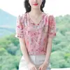 Camisa Feminina de Chiffon Estampada Elegante de Manga Curta Tamanho Grande Estilo Francês Verão 2023 Nova Gola V Redutora de Idade Cobre a Barriga Camisa de Estilista