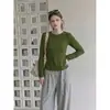 Camiseta verde de manga longa justa com gola redonda para mulheres, novo estilo outono, top curto justo para usar por baixo
