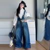 Traje de Mezclilla con Botones Estilo Retro para Niñas Primavera y Otoño 2025 Nuevo Conjunto de Otoño para Niños Mayores, Camisa de Hilo Fino con Tirantes de Doctor