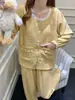 Pijama de Algodão Yunduo para Mulheres com Bojo Primavera e Outono Estilo Coreano Fresco Bolinhas Renda Cardigã Manga Longa Roupa de Casa Conjunto de Duas Peças