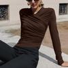 Camiseta de Manga Longa com Decote V franzida de alta qualidade, estilo americano, corte slim. Nova Camiseta Básica Retro Melade Feminina para Outono e Inverno, Transfronteiriça