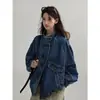 3737 # Jaqueta bomber estilo vintage nórdico/textura de jeans lavado gola alta color block silhueta para mulheres