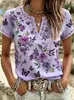 Top estampado de manga corta con cuello en V transfronterizo 2026 nuevo estilo de verano europeo y americano, imitación lino, holgado, casual, disponible para dropshipping