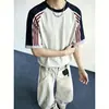 Camiseta de Manga Curta com Três Listras, Algodão 100% Puro, Peso Pesado, Estilo Americano, para Homens e Mulheres, Caimento Solto, Top Casual da Moda Versátil para o Verão